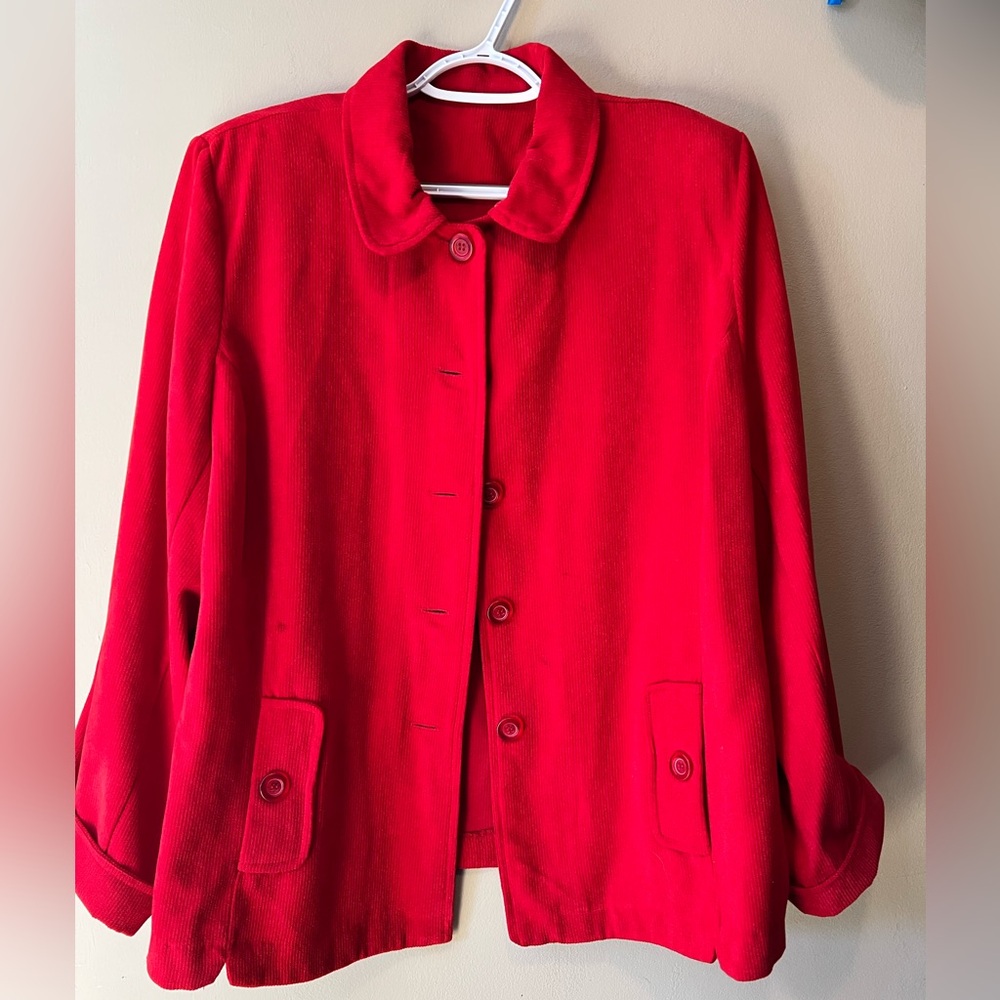 Vintage Nikki unlined red corduroy button down jacket with side slip pockets. 1x